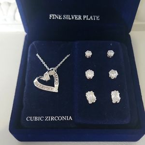 Silverworks Silver Plated, Cubic Zirconia, Neckless/Earring Set